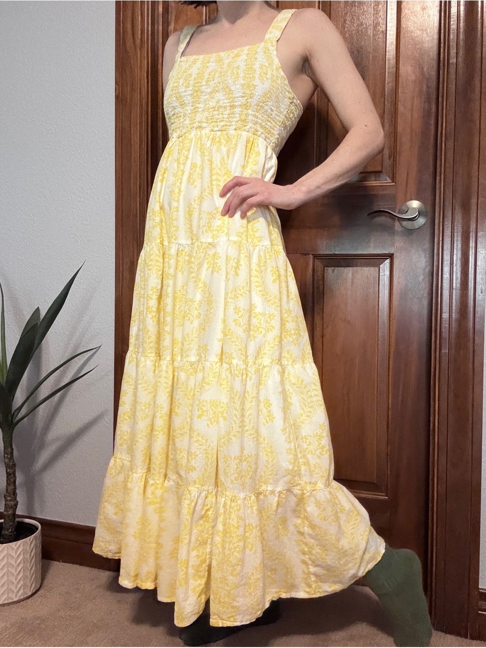 Yellow Floral Tiered Maxi Dress with Smocked Bodice